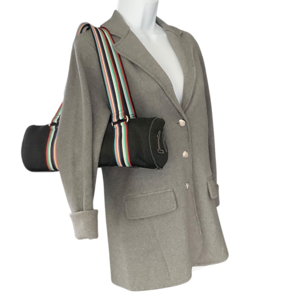 The SAK Ten Year Anniversary Black Crochet Barrel Bag with Striped Handles